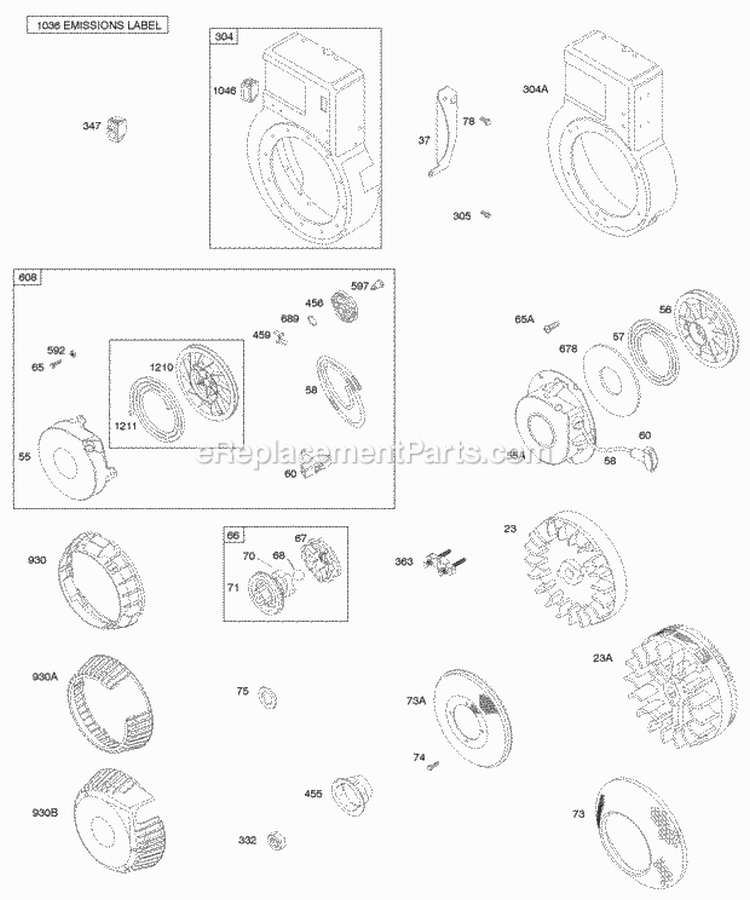 Blower HousingShrouds Flywheel Rewind Starter Diagram and Parts List for 093412-0011-01  Briggs and Stratton Engine